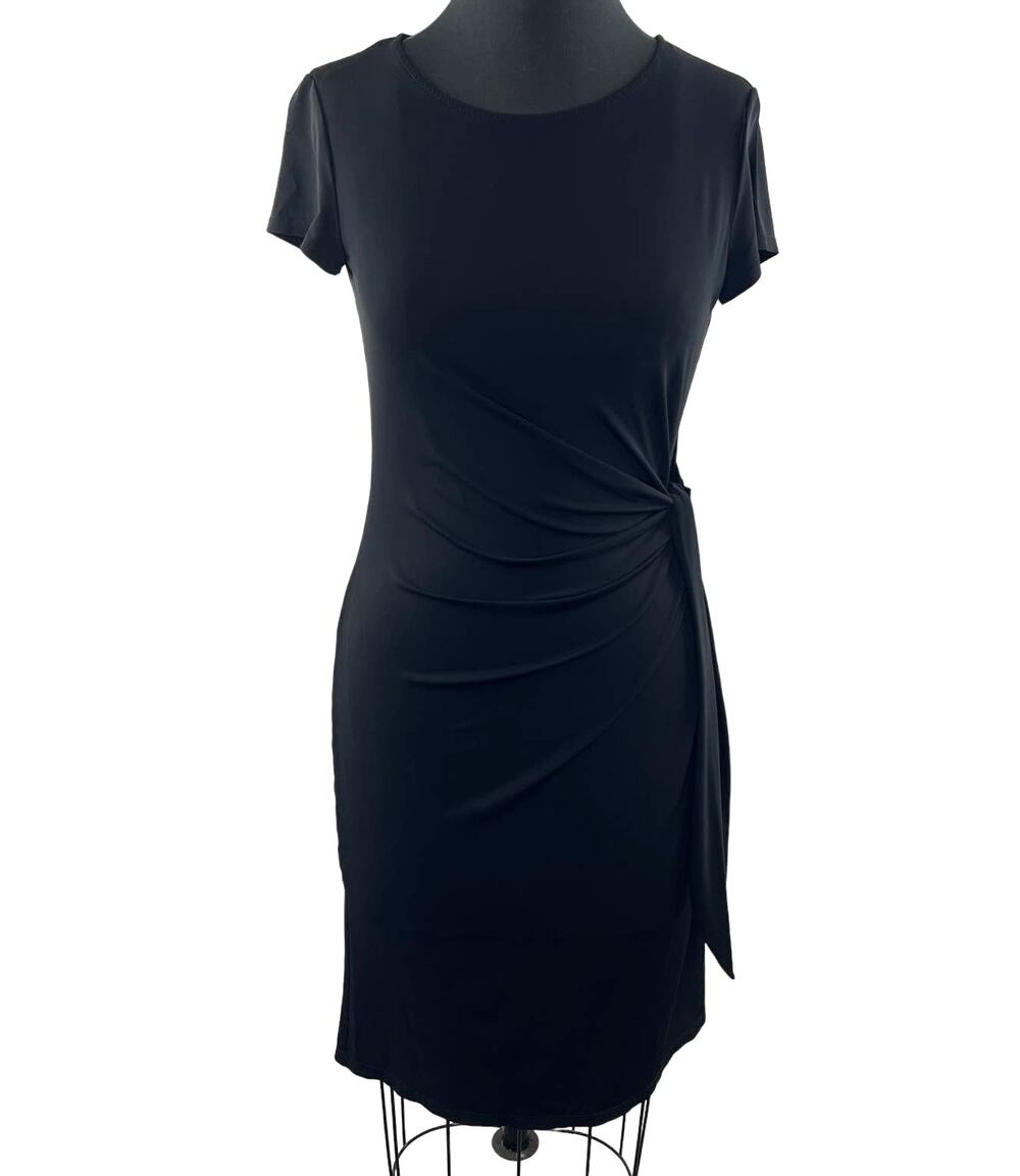 LAFAYETTE 148 Black Short Sleeve Round Neck Side Gathered Sheath Dress Size S